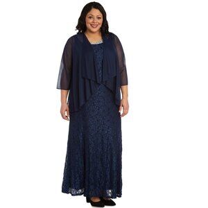 R&M Richards Evening Gown With Embellished Neckline and Flyaway Jacket - Plus